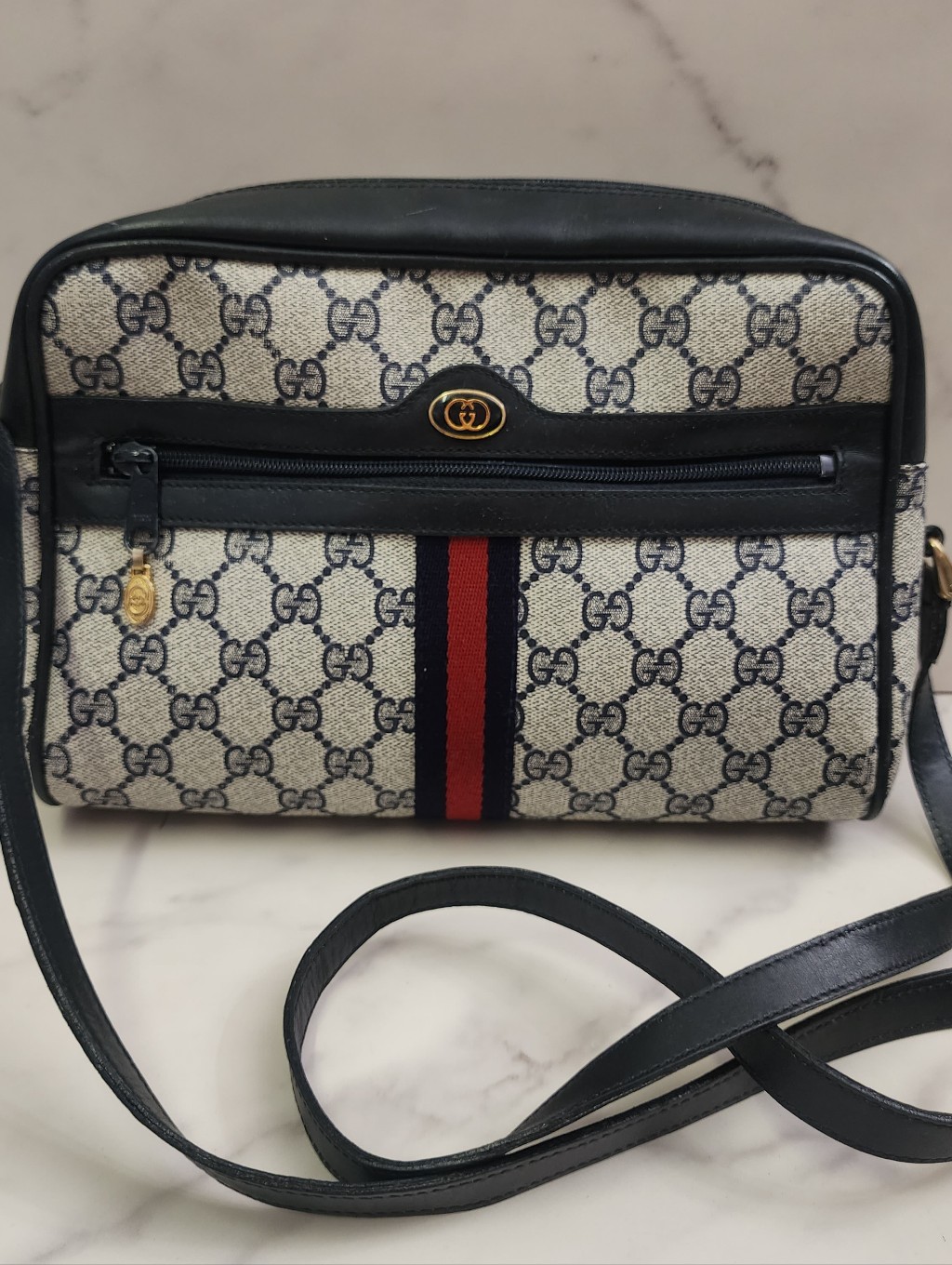Authentic Vintage Navy Blue Gucci Supreme Sherry Line Bag With Digital Coa